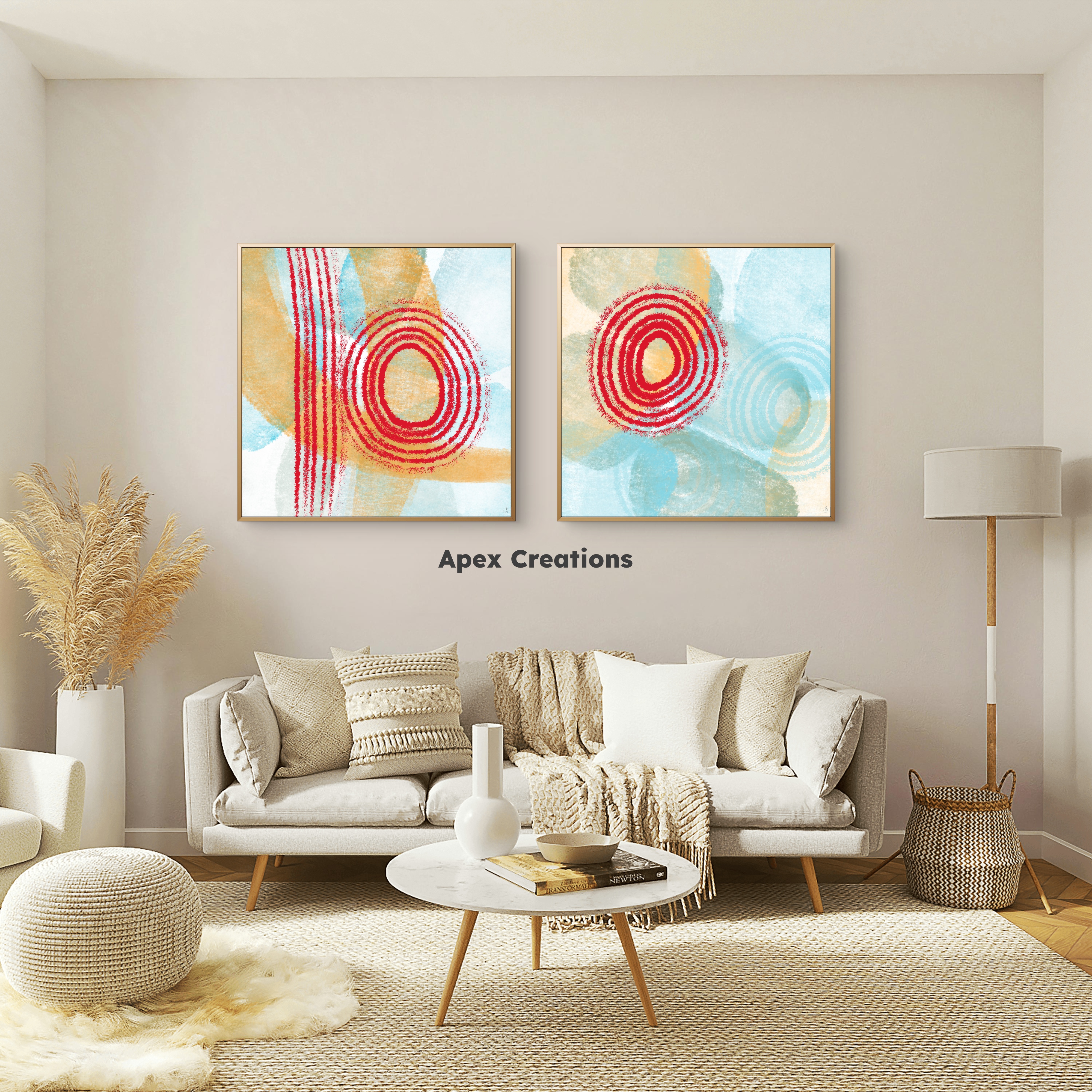 Abstract art featuring cool blue shads and bright red, ideal for living room