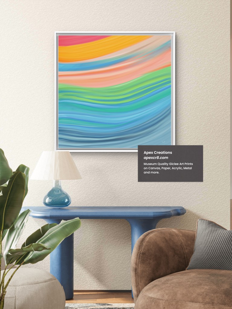Bold and immersive, “Vortex of Light” pulls you into its heart with radiant energy. The swirling combination of orange, pink, yellow, and cyan creates a visual spiral that feels like a storm of joy, creativity, and pure presence. It captures a moment of momentum—when thoughts dissolve, and only feeling remains. Each hue is layered with intention, creating a sense of movement that sparks curiosity and contemplation. Whether seen as a burst of color or an emotional vortex, this piece is both grounding and elevating. A statement artwork that brings confidence, creativity, and soul to any modern space.