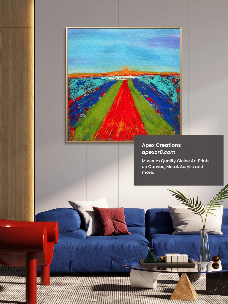 A vibrant landscape features bold streaks of red, green, and blue converging towards the horizon where the sun sets in warm tones